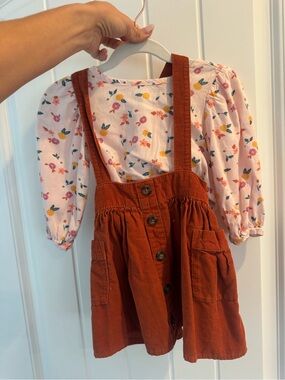 Cat & Jack Rust Corduroy Suspender Skirt with Pink Floral Top
